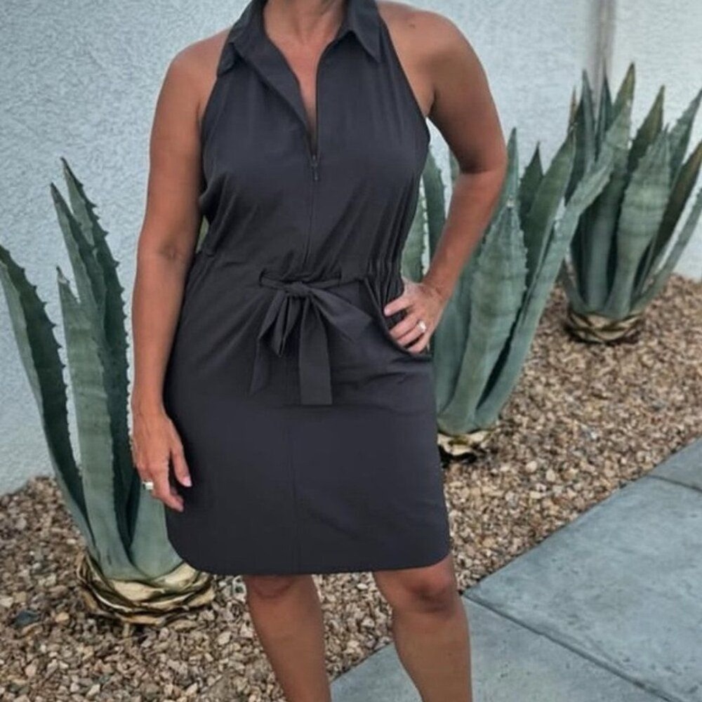 Prologue Dark Gray Halter Zip Front Collared Mini Dress XL Tie Waist Sleeveless